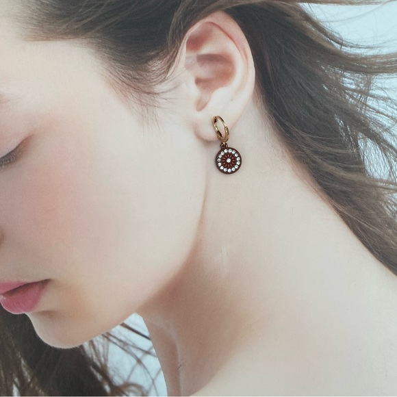 4/$15 Ancora Red Brown Round Dangled with Crystals Gold Huggies Hoops Earrings - Picture 2 of 4